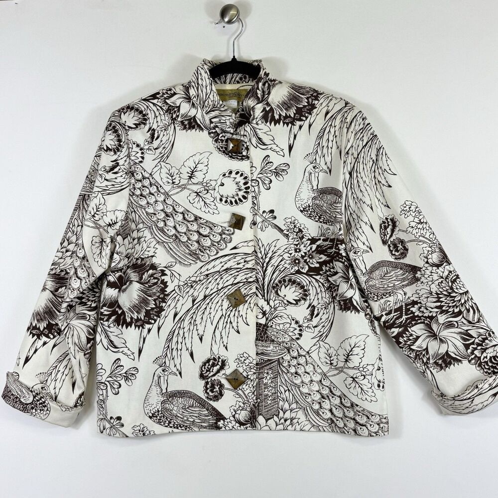 Painted Pony Ivory Brown Artsy Peacock Floral Jacket‎ Coat Women's Sz Medium NEW